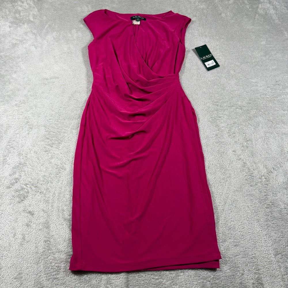 Lauren Ralph Lauren Dress Women 2P Orchid Ruched Faux Wrap Sheath Career NWT